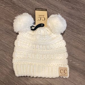 Cream knitted Pom Pom infant beanie hat